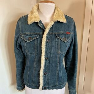 Vintage Roxy Sherpa Lined Denim Jacket Y2K Blue Jean Trucker Coat 100% Cotton